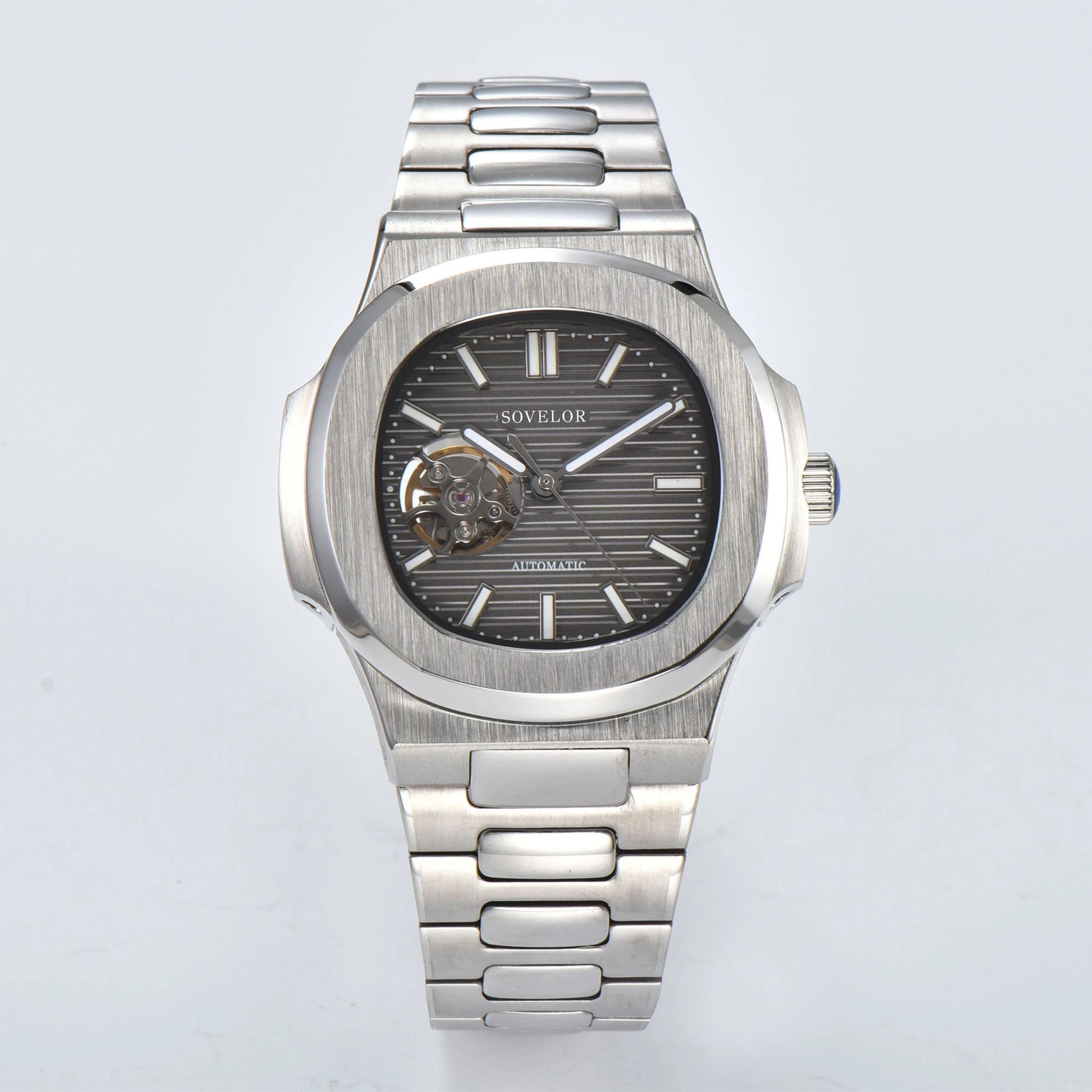 Custom Nautilus style Seiko mod watch, gray open heart dial with stainless steel bracelet, NH38 automatic movement