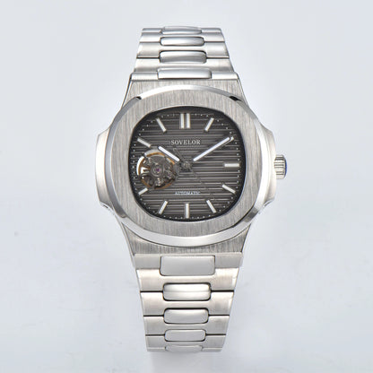 Custom Nautilus style Seiko mod watch, gray open heart dial with stainless steel bracelet, NH38 automatic movement