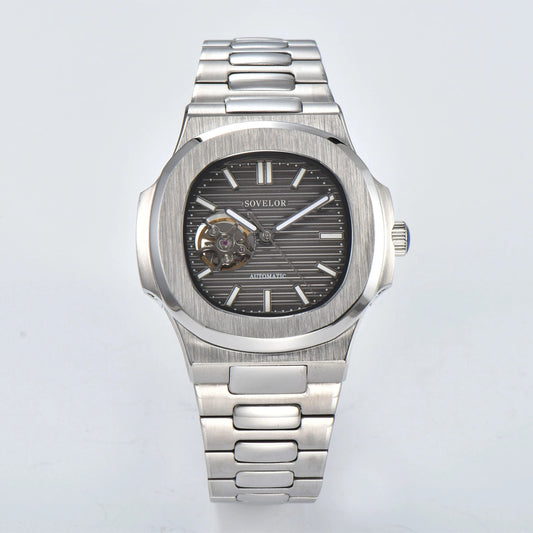 Custom Nautilus style Seiko mod watch, gray open heart dial with stainless steel bracelet, NH38 automatic movement