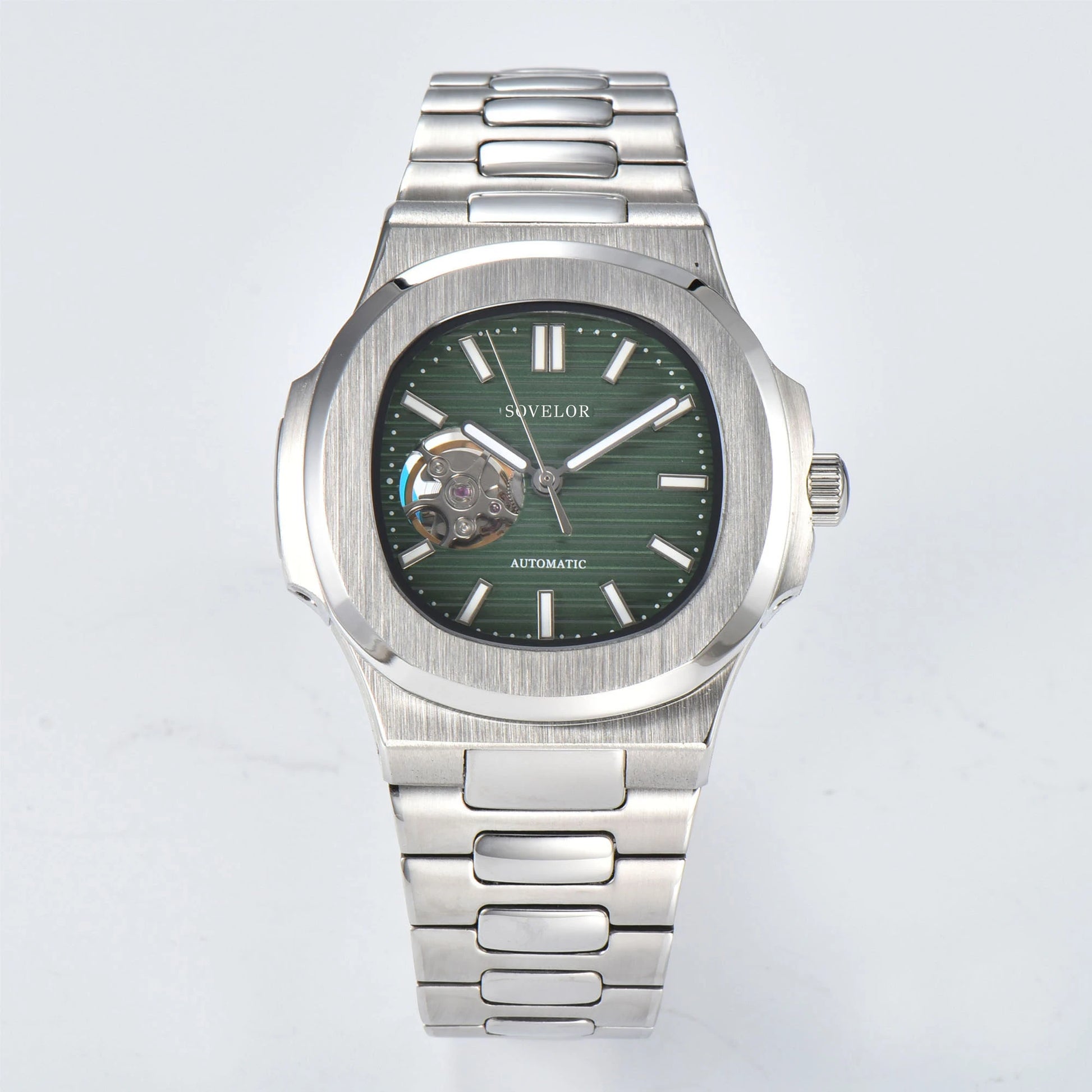 Custom Nautilus style Seiko mod watch, green open heart dial with stainless steel bracelet, NH38 automatic movement