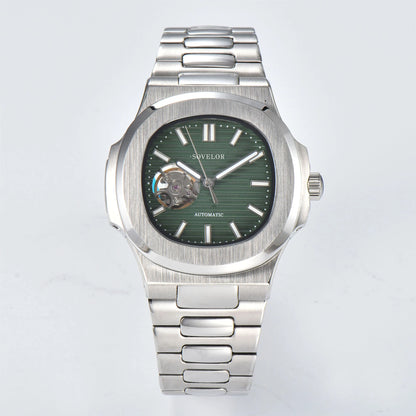 Custom Nautilus style Seiko mod watch, green open heart dial with stainless steel bracelet, NH38 automatic movement