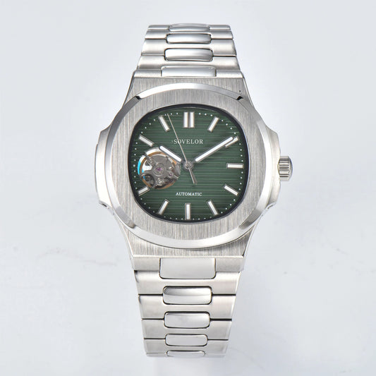 Custom Nautilus style Seiko mod watch, green open heart dial with stainless steel bracelet, NH38 automatic movement
