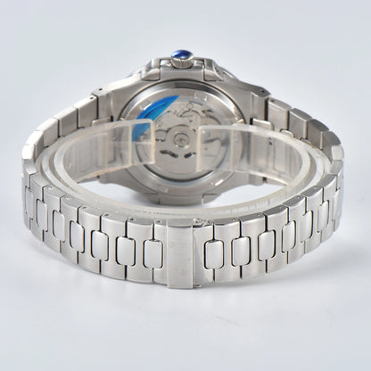 Transparent case back and deployment clasp of open heart Nautilus style Seiko mod watch with stainless steel bracelet