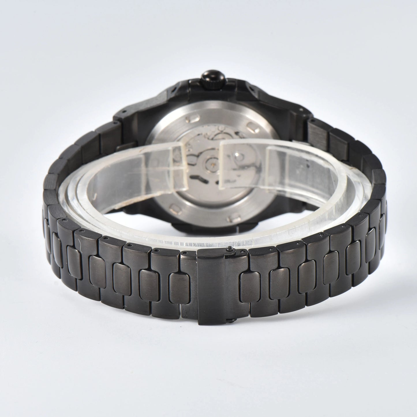 Transparent case back and deployment clasp of open heart Nautilus style Seiko mod watch with stainless steel bracelet