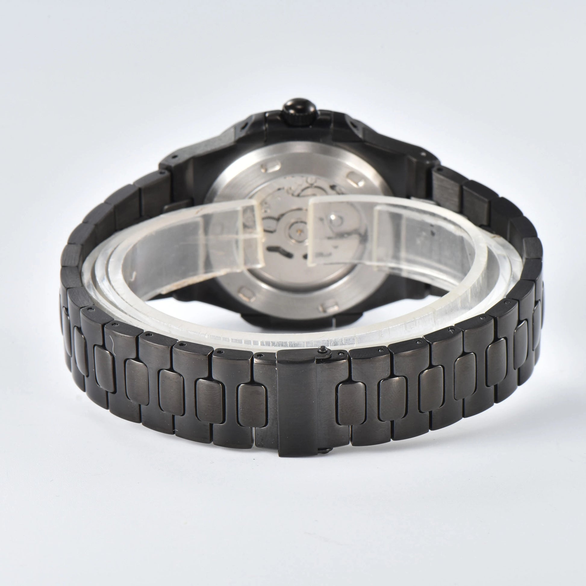 Transparent case back and deployment clasp of open heart Nautilus style Seiko mod watch with stainless steel bracelet