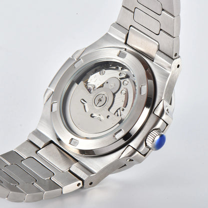 Clear case back showing Seiko NH38 automatic movement in open heart Nautilus style Seiko mod watch