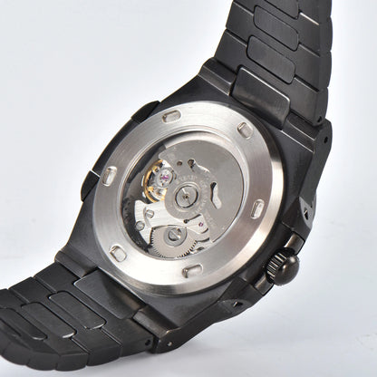 Clear case back showing Seiko NH38 automatic movement in open heart Nautilus style Seiko mod watch