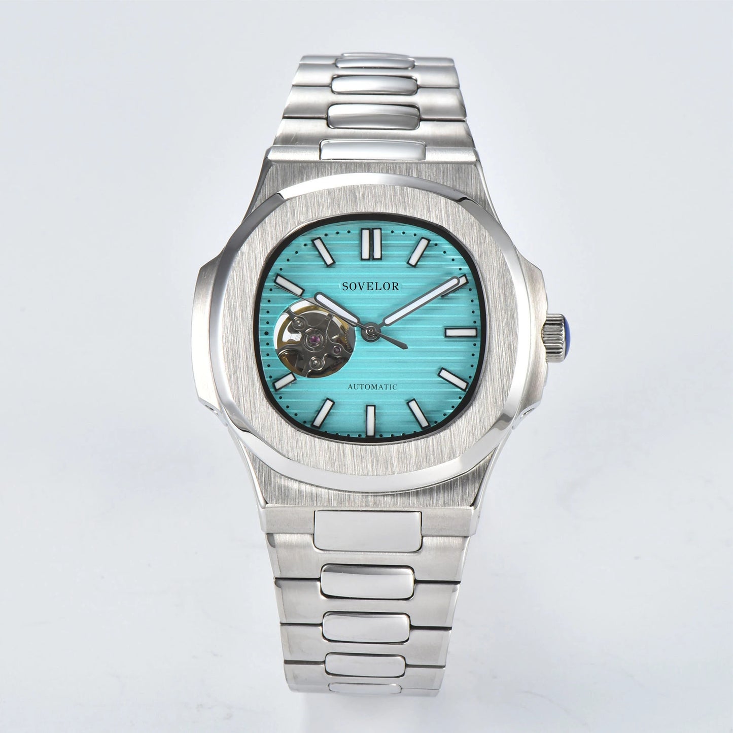 Custom Nautilus style Seiko mod watch, tiffany blue open heart dial with stainless steel bracelet, NH38 automatic movement