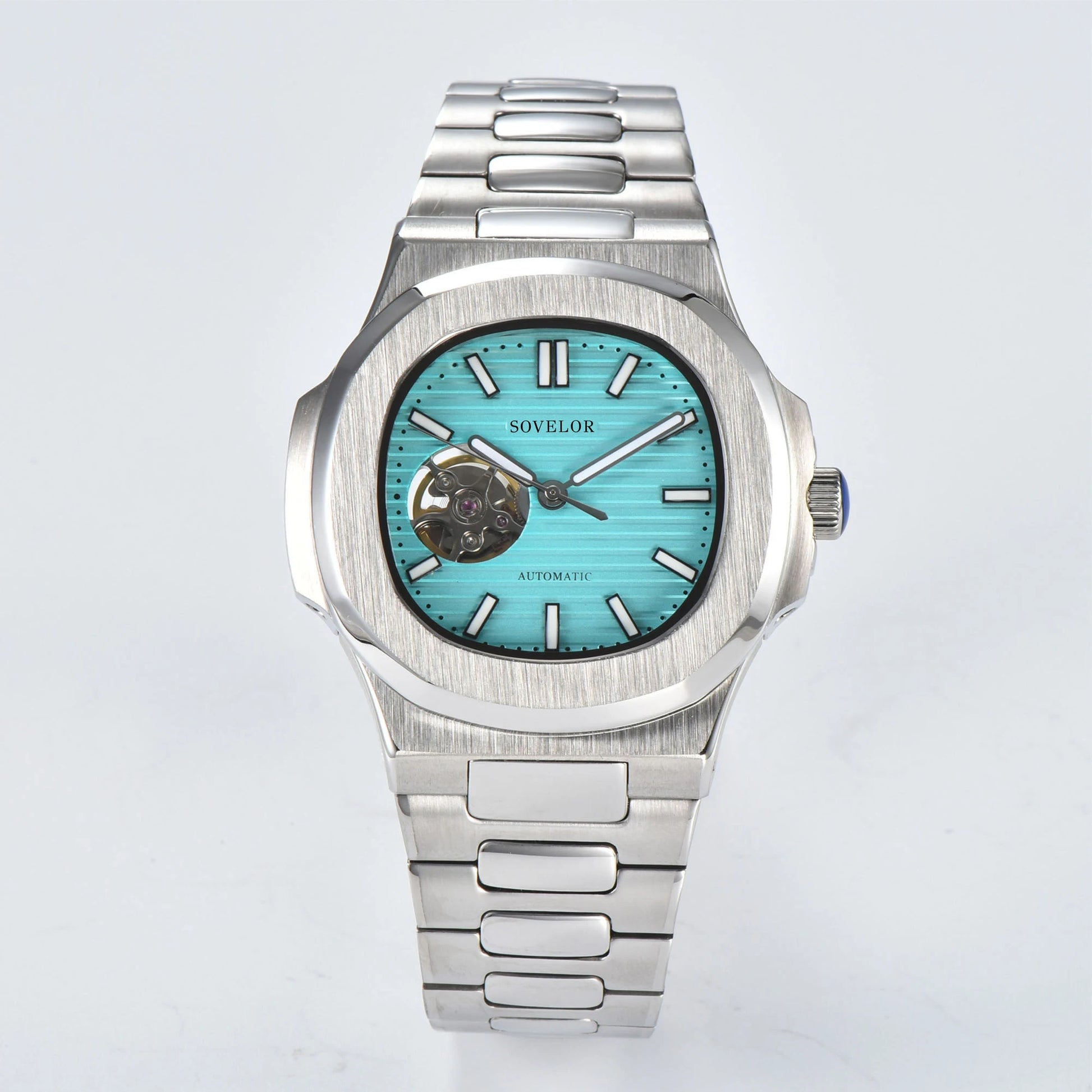 Custom Nautilus style Seiko mod watch, tiffany blue open heart dial with stainless steel bracelet, NH38 automatic movement