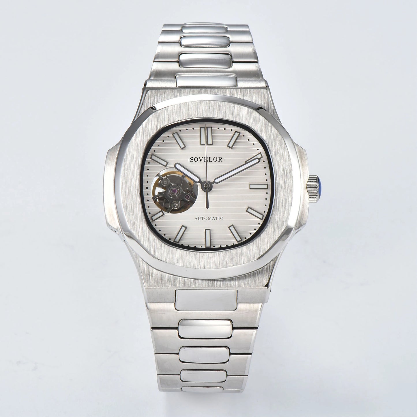Custom Nautilus style Seiko mod watch, white open heart dial with stainless steel bracelet, NH38 automatic movement