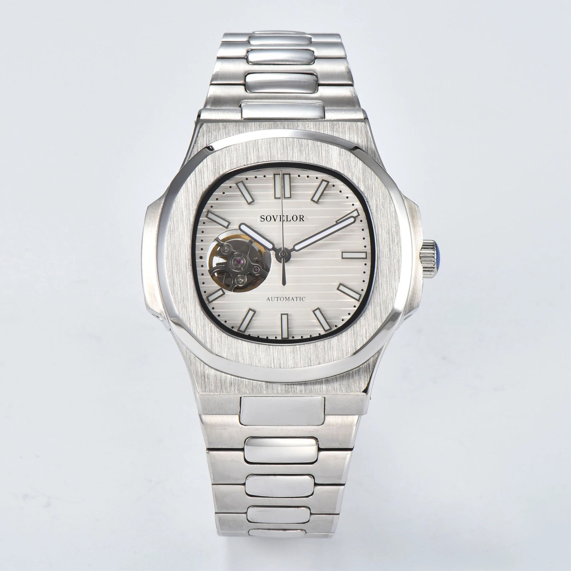 Custom Nautilus style Seiko mod watch, white open heart dial with stainless steel bracelet, NH38 automatic movement