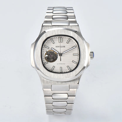 Custom Nautilus style Seiko mod watch, white open heart dial with stainless steel bracelet, NH38 automatic movement