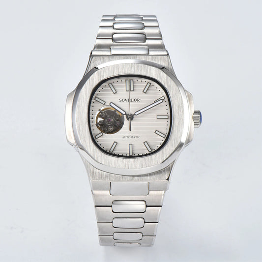 Custom Nautilus style Seiko mod watch, white open heart dial with stainless steel bracelet, NH38 automatic movement
