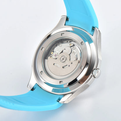 Clear case back showing Seiko NH35 automatic movement in silver Aquanaut style Seiko mod watch