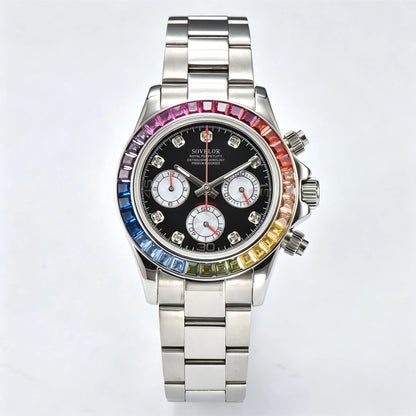 Custom rainbow gem bezel Seiko mod chronograph watch, Daytona style with black dial, VK63 hybrid movement