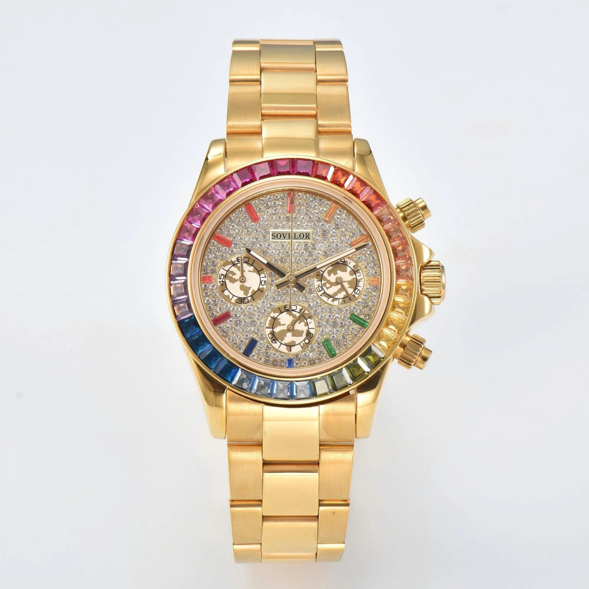 Custom rainbow gem bezel Seiko mod chronograph watch, Daytona style with gem dial, VK63 hybrid movement