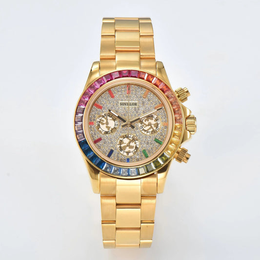 Custom rainbow gem bezel Seiko mod chronograph watch, Daytona style with gem dial, VK63 hybrid movement