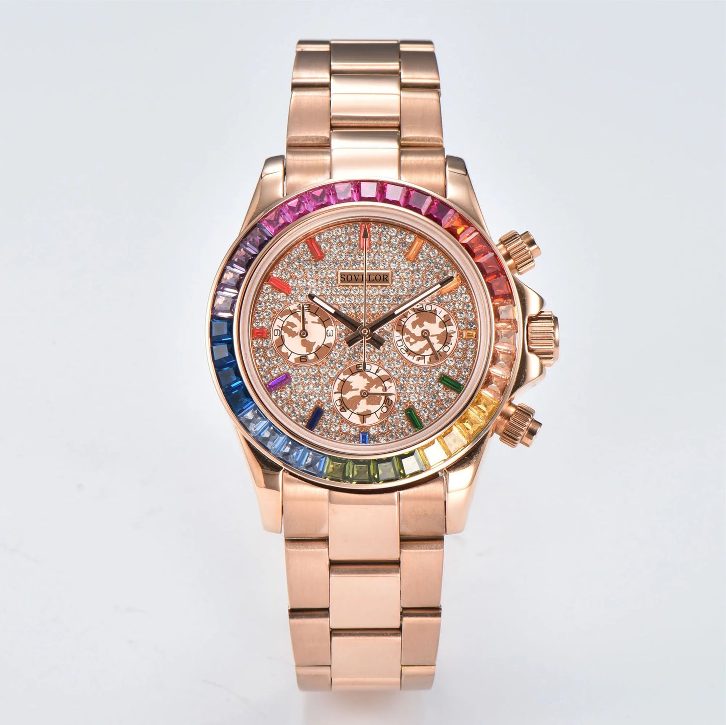Custom rainbow gem bezel Seiko mod chronograph watch, Daytona style with gem dial, VK63 hybrid movement