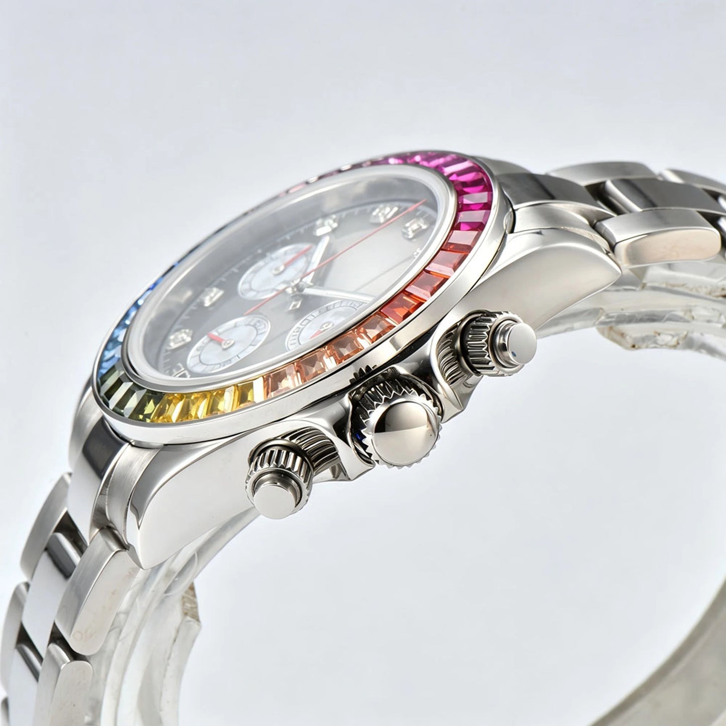Side angle view of rainbow gem bezel Daytona style Seiko mod watch, colorful gemstone tachymeter bezel detail