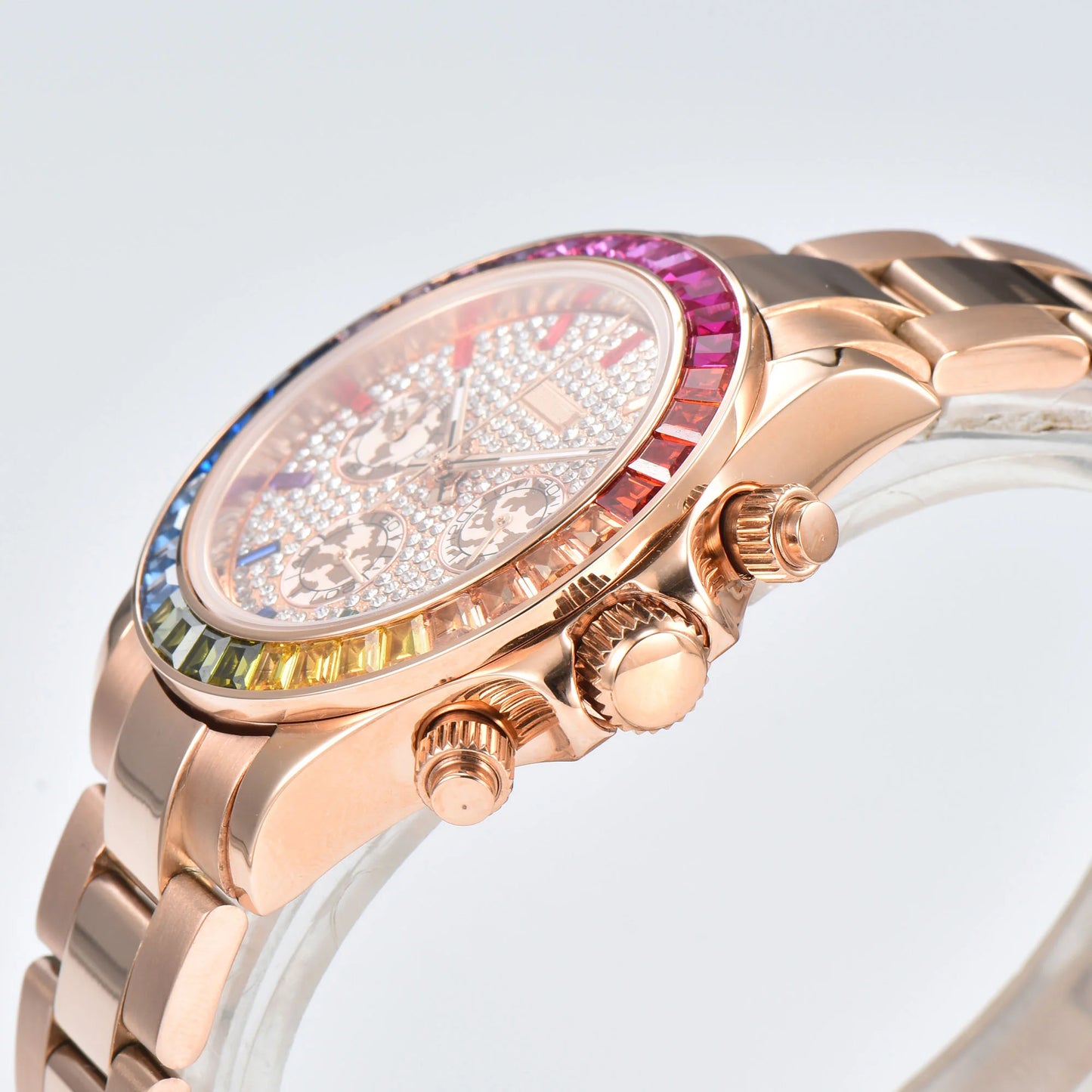 Side angle view of rainbow gem bezel Daytona style Seiko mod watch, colorful gemstone tachymeter bezel detail