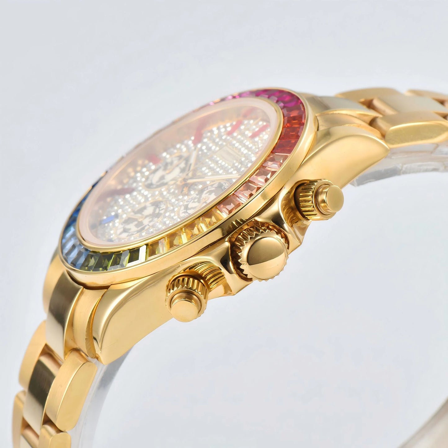 Side angle view of rainbow gem bezel Daytona style Seiko mod watch, colorful gemstone tachymeter bezel detail