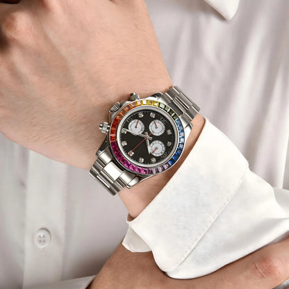Men's rainbow gem bezel Daytona style Seiko mod chronograph watch on wrist, business lifestyle shot