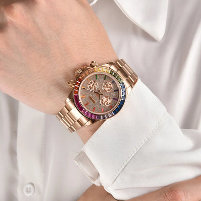 Men's rainbow gem bezel Daytona style Seiko mod chronograph watch on wrist, business lifestyle shot