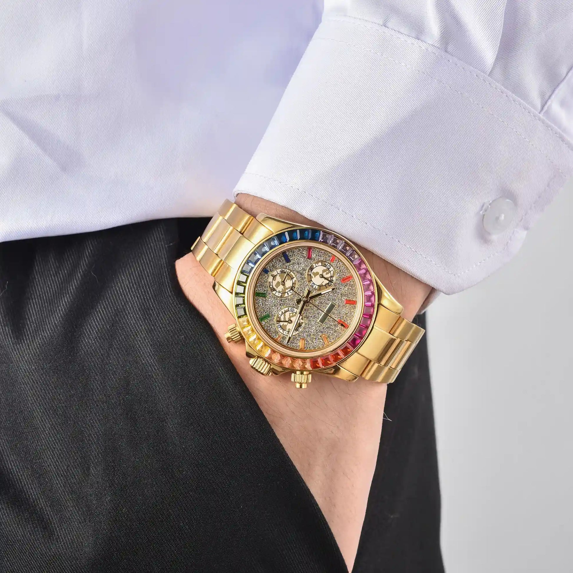 Rainbow gem bezel Daytona style Seiko mod chronograph watch worn on wrist, casual daily wear shot