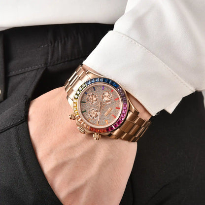 Rainbow gem bezel Daytona style Seiko mod chronograph watch worn on wrist, casual daily wear shot