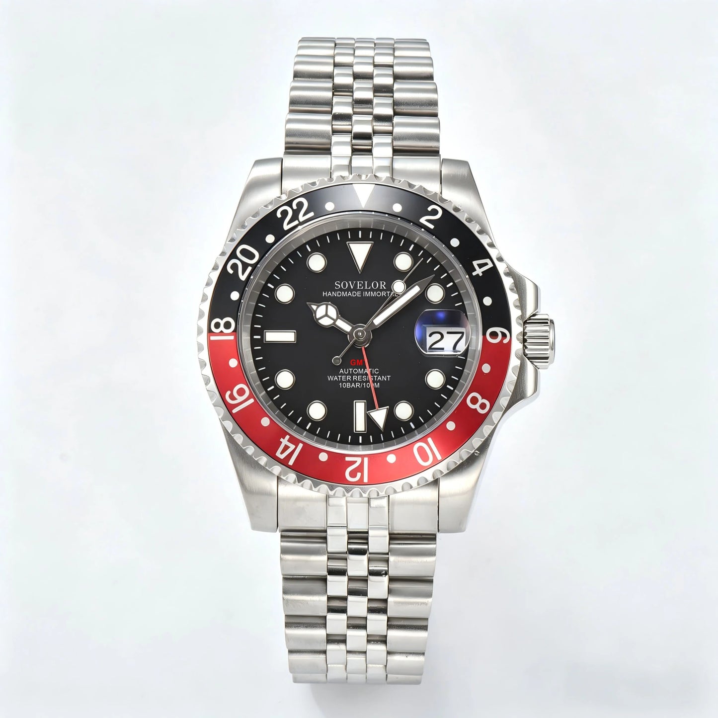 GMT Cola seiko mod custom watch with black red bezel and Seiko NH34 automatic movement, sapphire crystal case