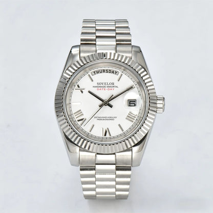 Custom classic white Seiko mod watch, day-date style for Daily Wear