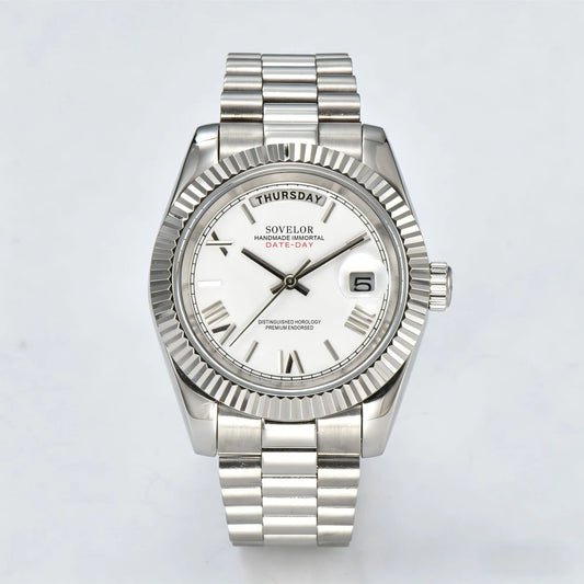 Custom classic white Seiko mod watch, day-date style for Daily Wear