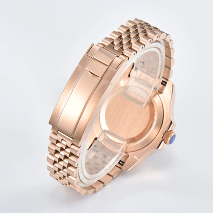 Close-up of custom Seiko mod watch solid stainless steel bracelet with safety folding clasp and micro-adjustment