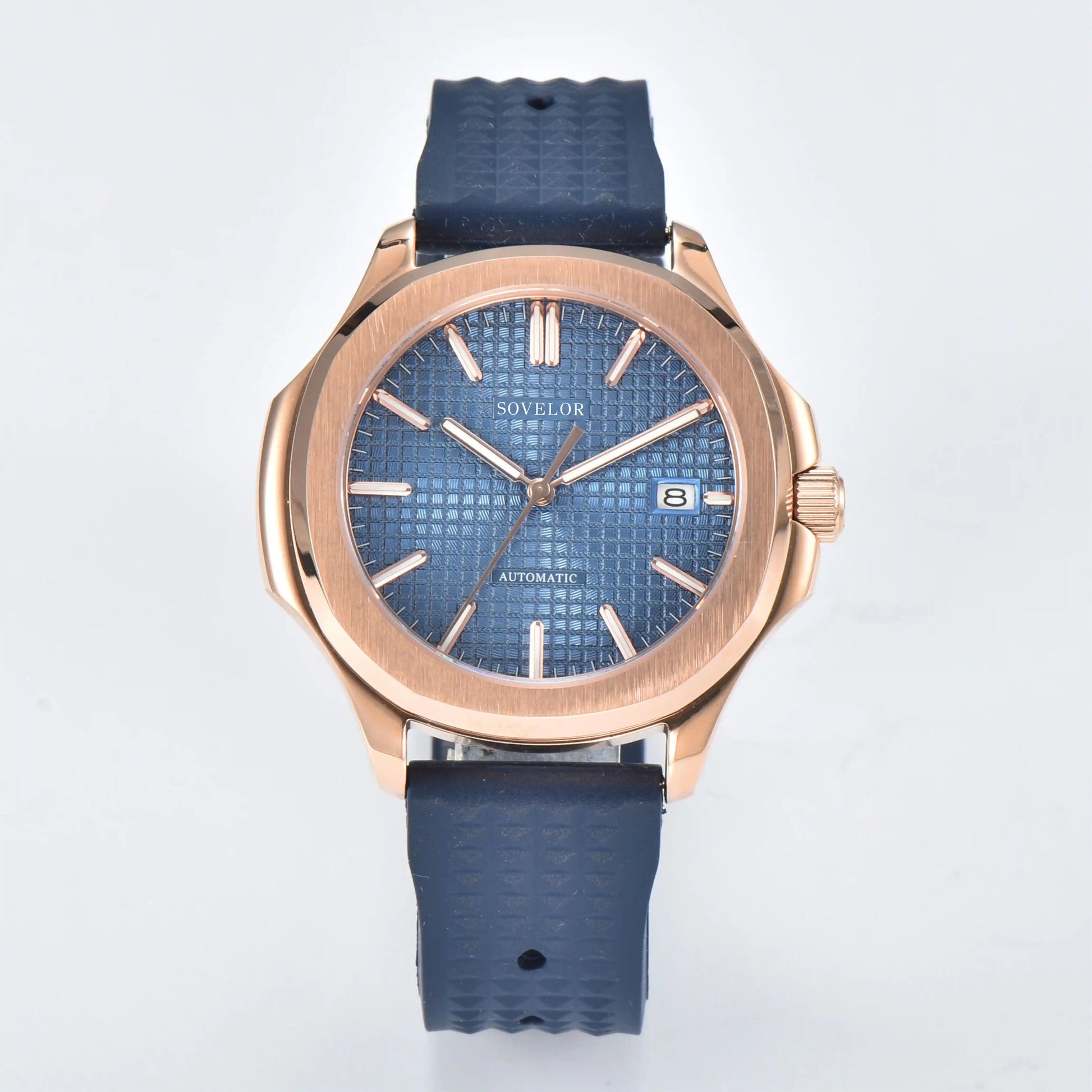 Custom Aquanaut style Seiko mod watch, blue grid dial with blue rubber strap, NH35 automatic movement