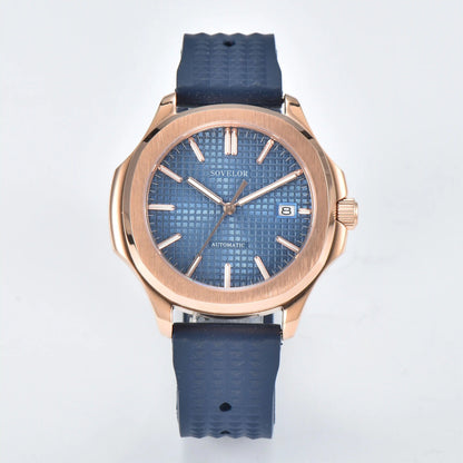 Custom Aquanaut style Seiko mod watch, blue grid dial with blue rubber strap, NH35 automatic movement