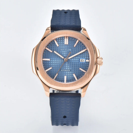 Custom Aquanaut style Seiko mod watch, blue grid dial with blue rubber strap, NH35 automatic movement