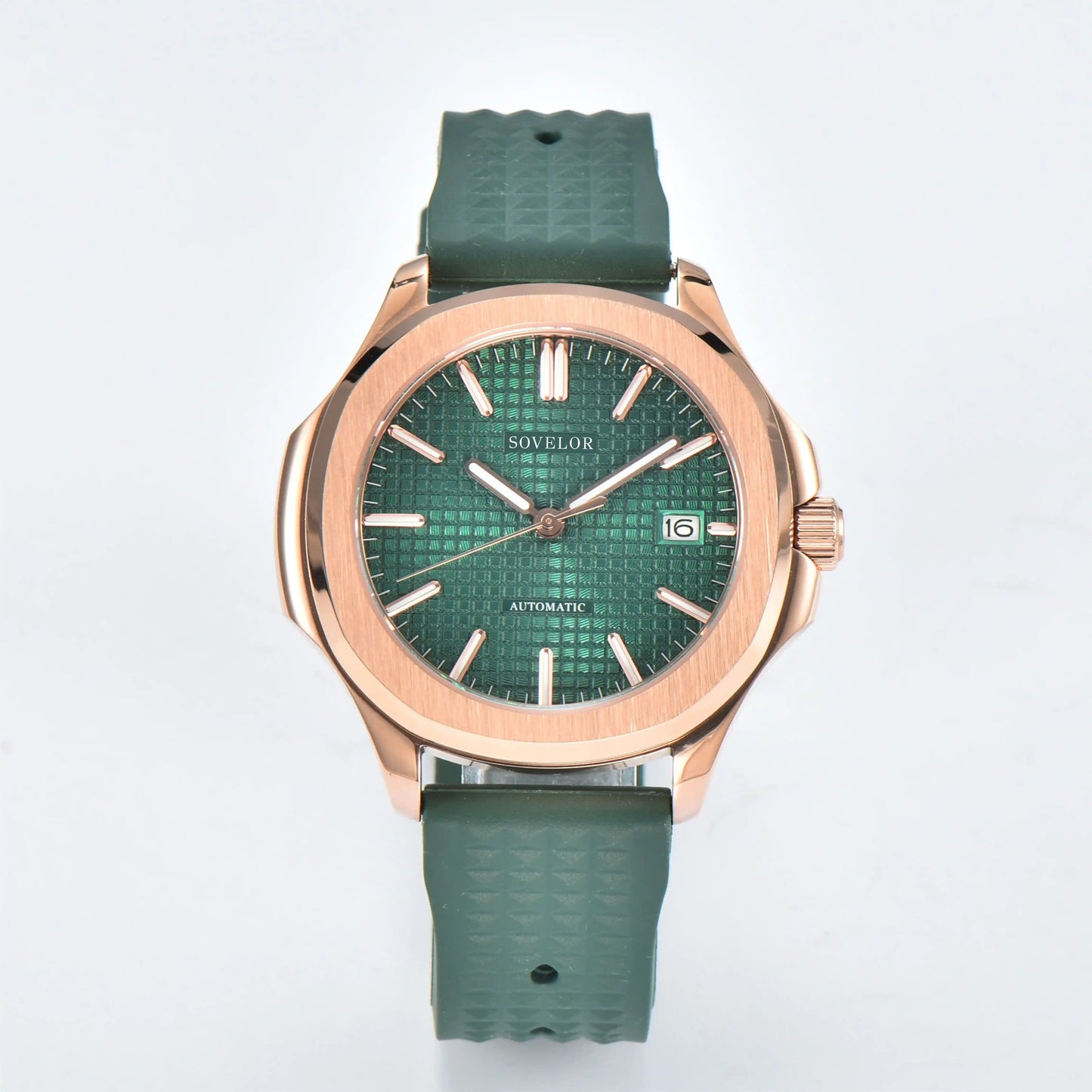 Custom Aquanaut style Seiko mod watch, green grid dial with green rubber strap, NH35 automatic movement