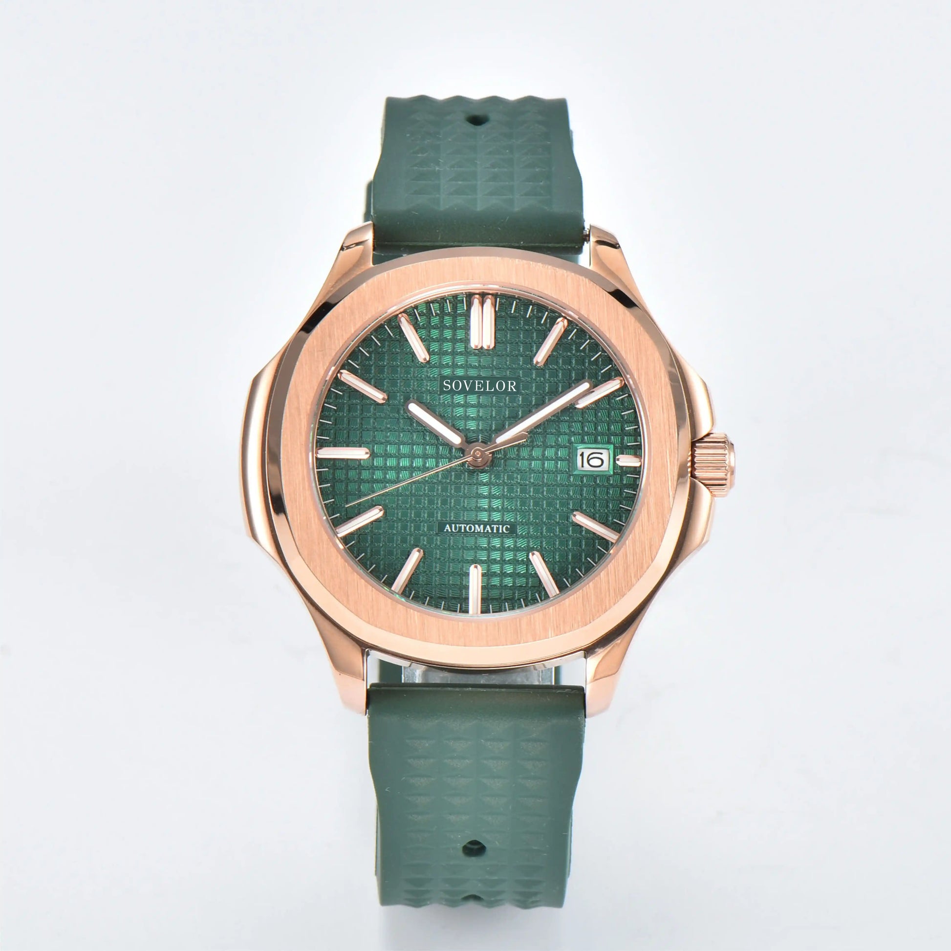 Custom Aquanaut style Seiko mod watch, green grid dial with green rubber strap, NH35 automatic movement