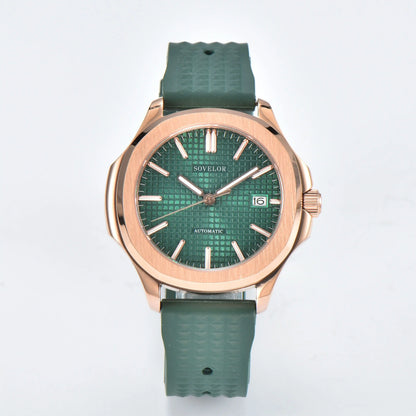 Custom Aquanaut style Seiko mod watch, green grid dial with green rubber strap, NH35 automatic movement