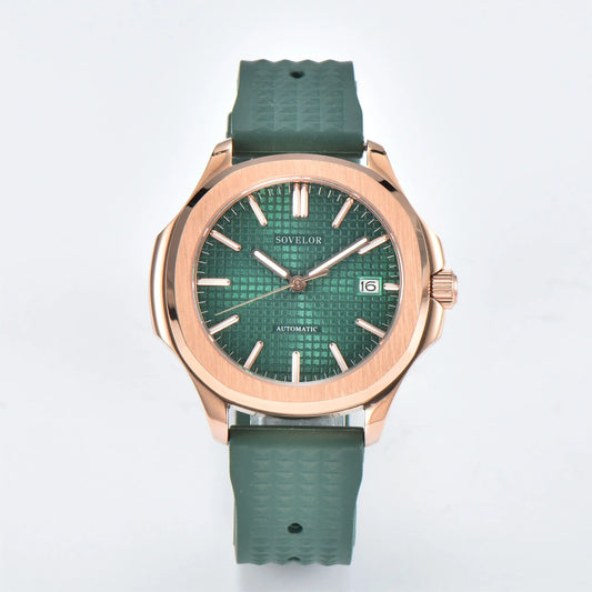 Custom Aquanaut style Seiko mod watch, green grid dial with green rubber strap, NH35 automatic movement