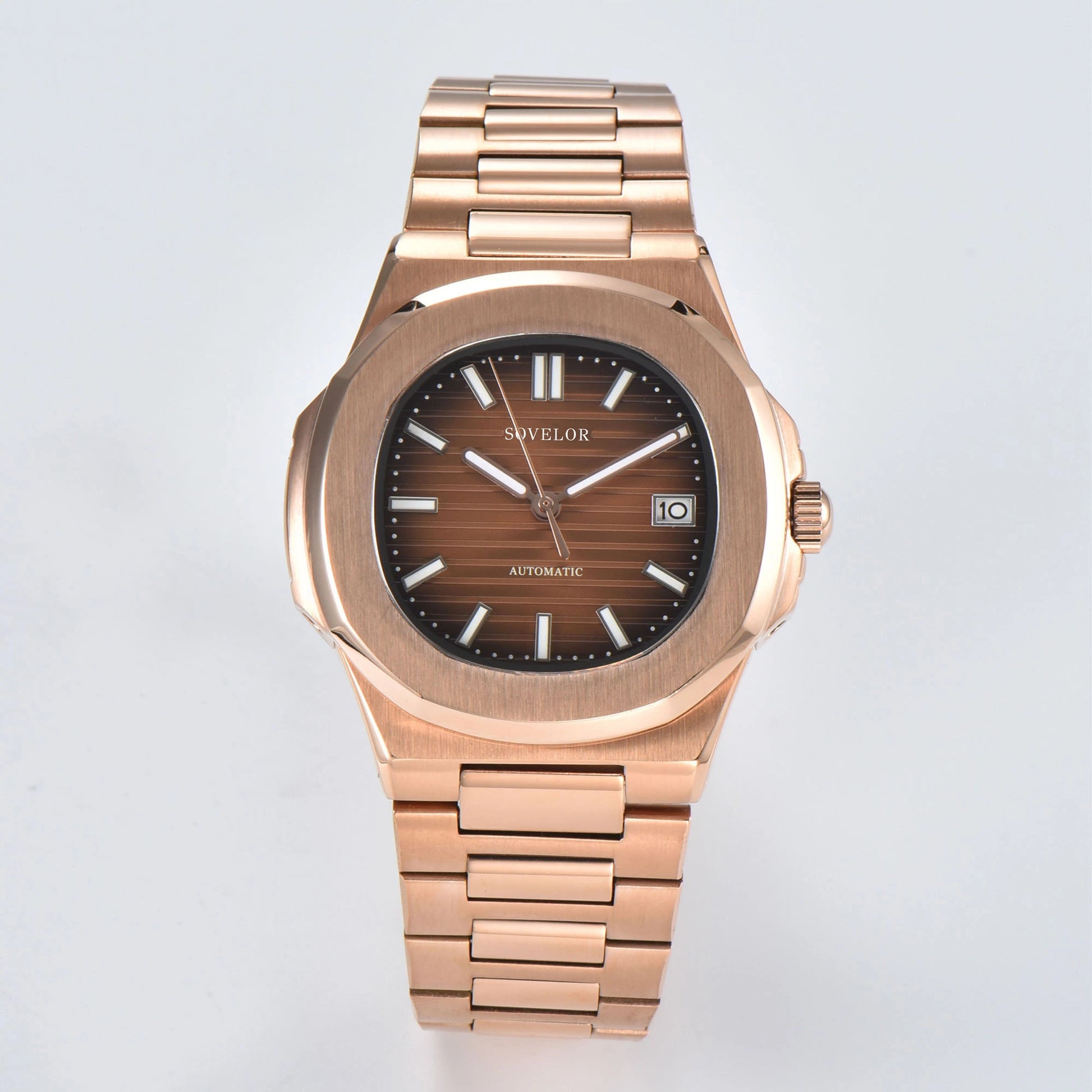Custom Nautilus style Seiko mod watch, brown gradient dial with stainless steel bracelet, NH35 automatic movement