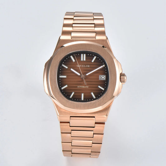 Custom Nautilus style Seiko mod watch, brown gradient dial with stainless steel bracelet, NH35 automatic movement