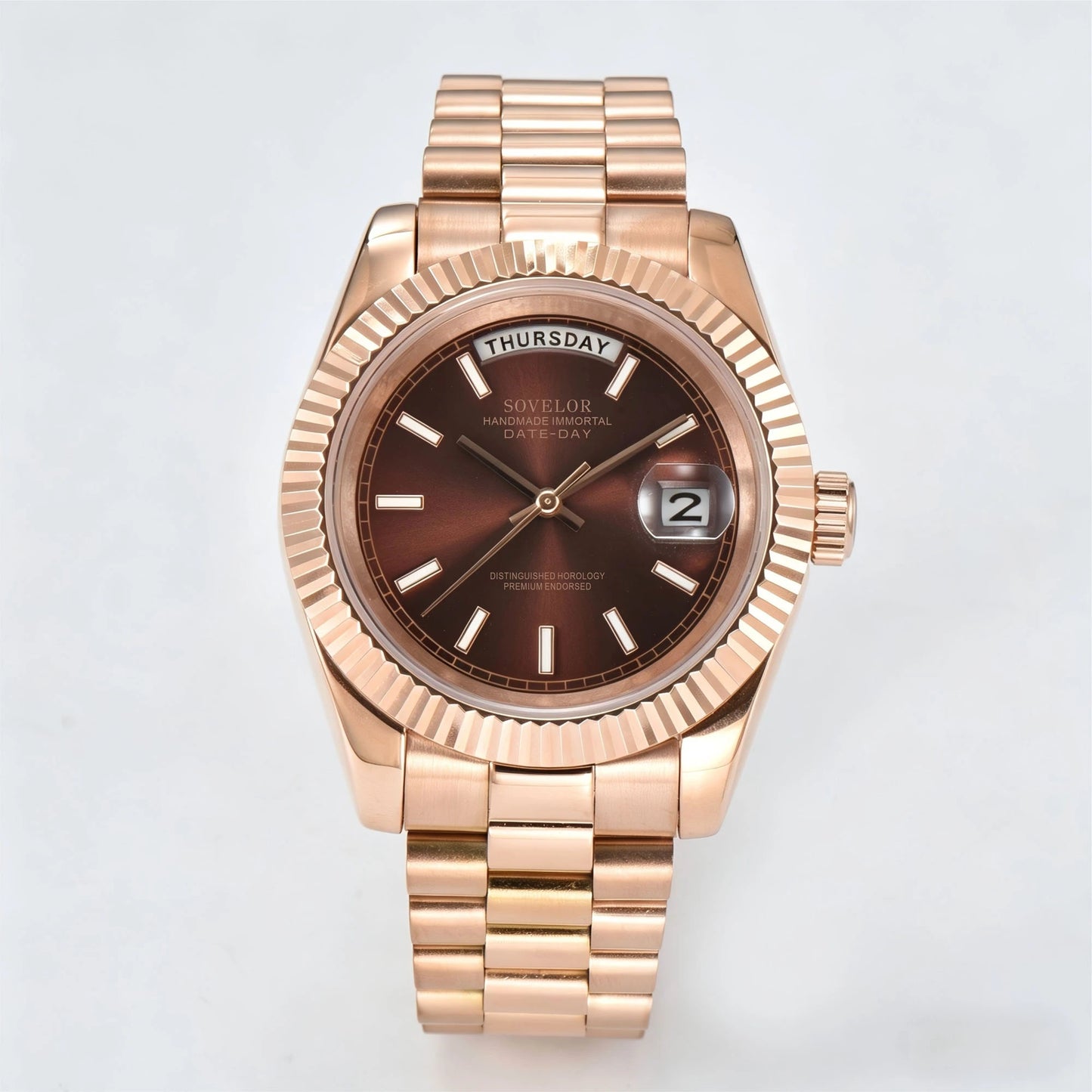 Custom rose gold Seiko mod watch, day-date style with genuine Miyota 8285 movement