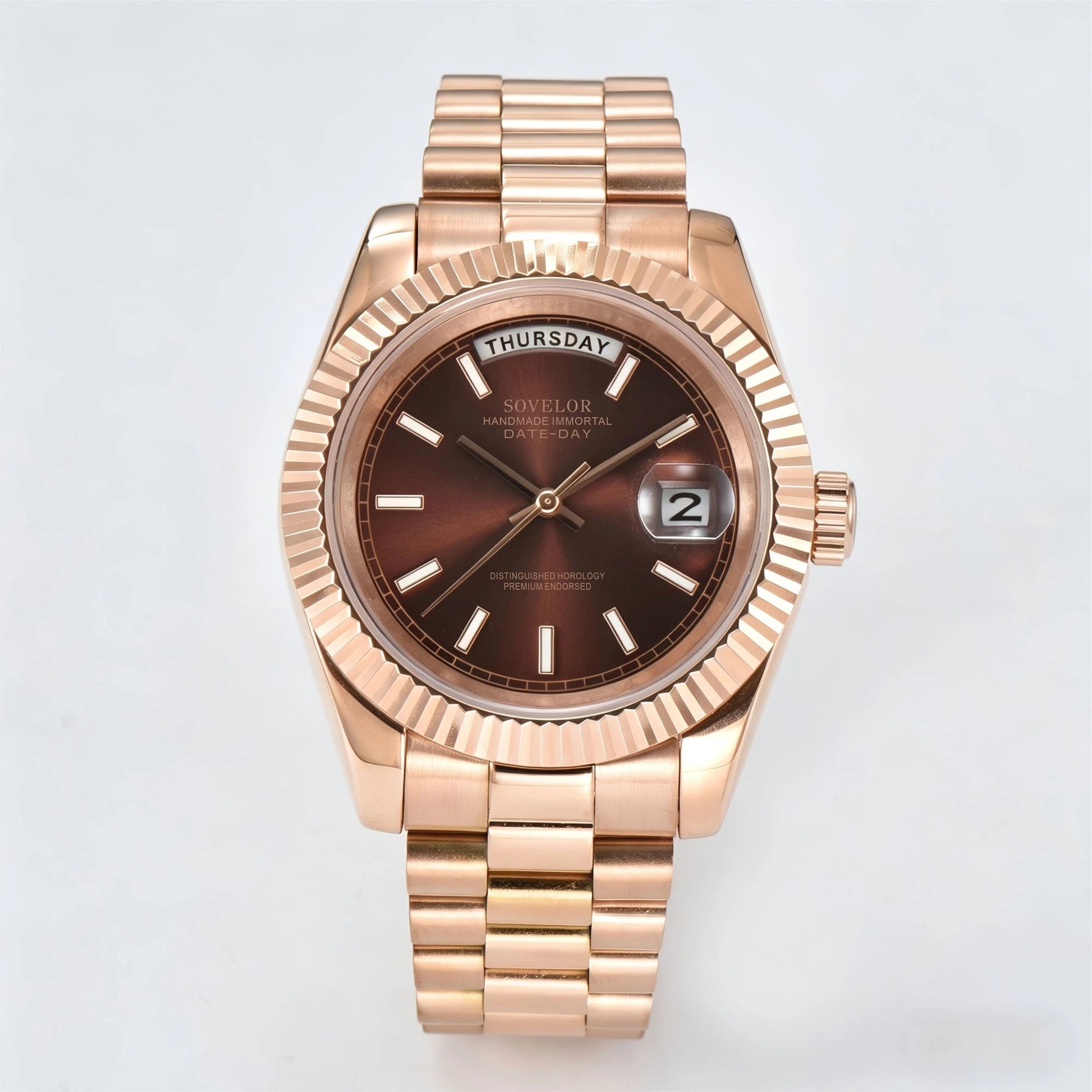 Custom rose gold Seiko mod watch, day-date style with genuine Miyota 8285 movement