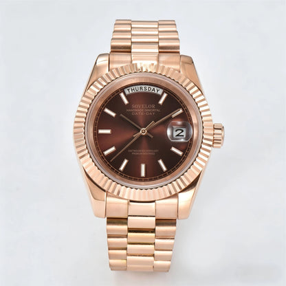 Custom rose gold Seiko mod watch, day-date style with genuine Miyota 8285 movement