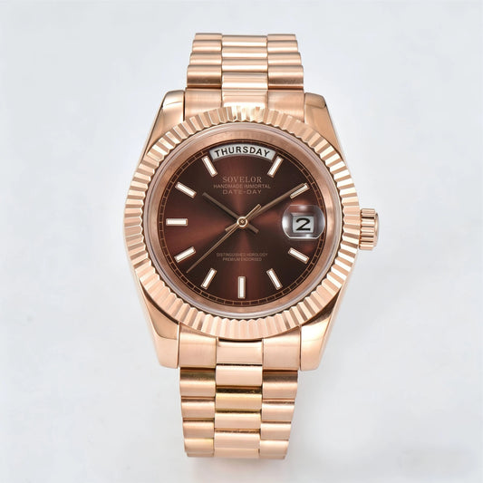 Custom rose gold Seiko mod watch, day-date style with genuine Miyota 8285 movement
