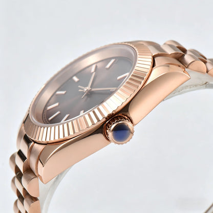 Fluted bezel and side view of rose gold Seiko mod watch, screw-in crown detail