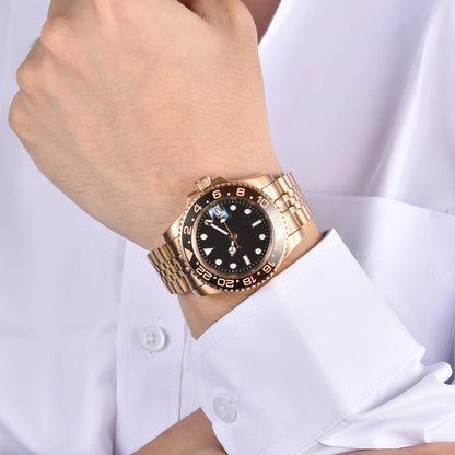Wrist shot of custom Seiko nh35 GMT mod watch with sapphire crystal and lumen black dial