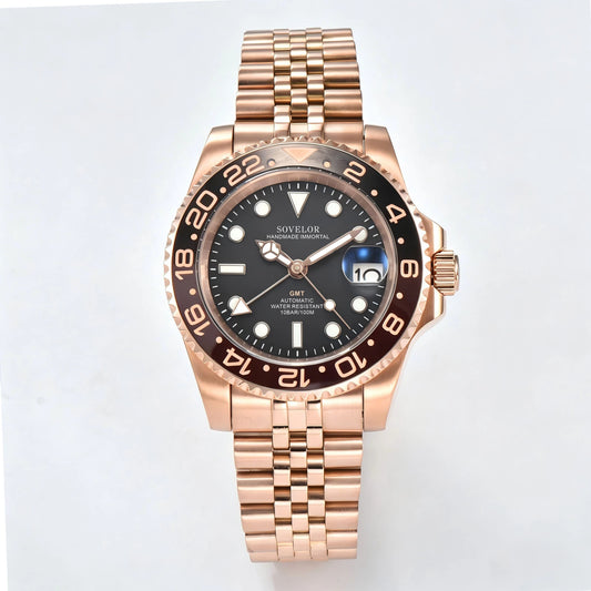 GMT Seiko mod custom watch with lumen black dial and Seiko NH34 automatic movement, rose gold sapphire crystal case