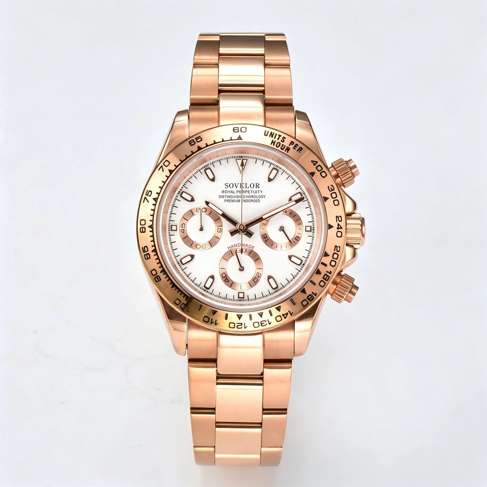 Custom rose gold white Seiko mod chronograph watch, Daytona style with white dial, VK63 hybrid movement